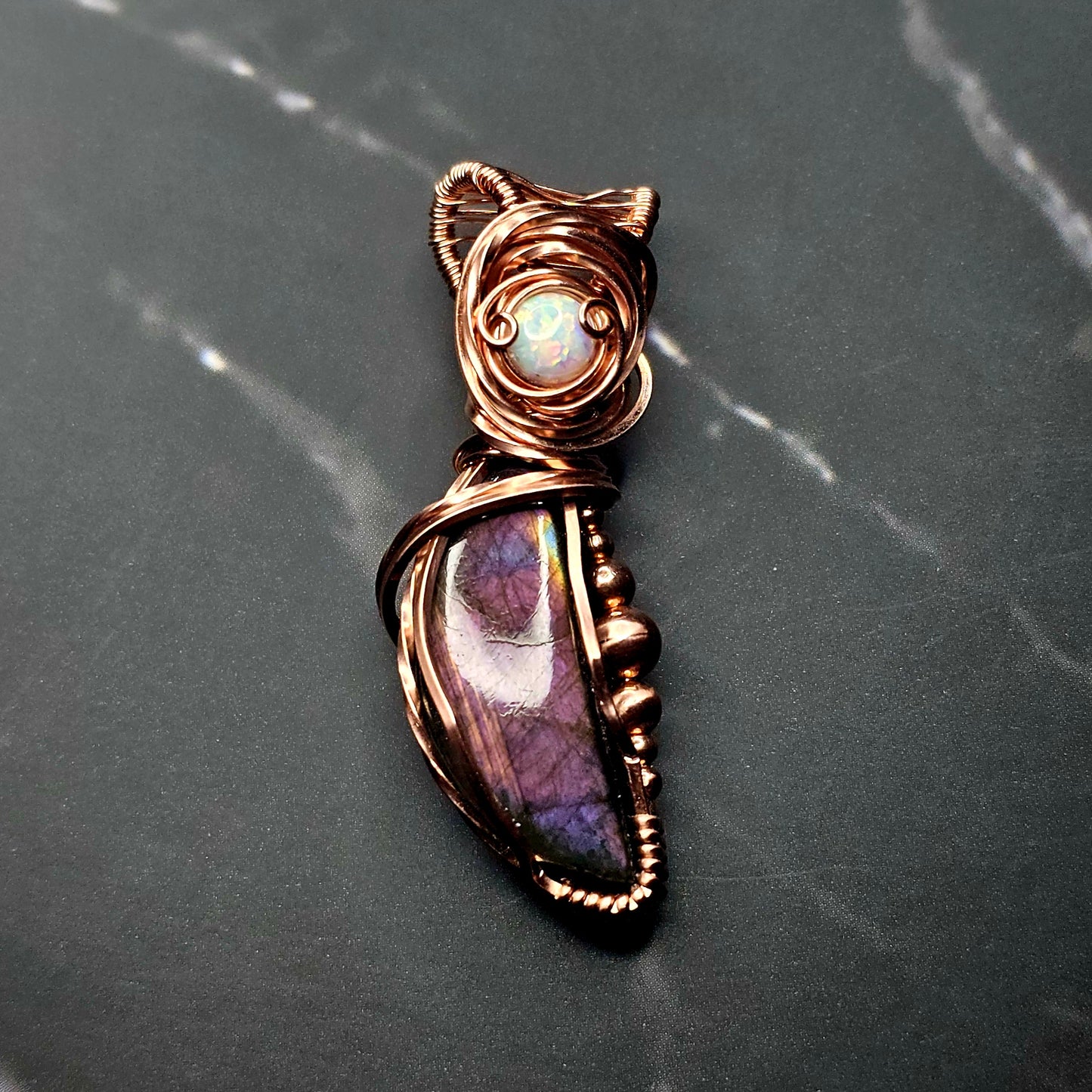 Purple Labradorite & White Opal Copper Pendant