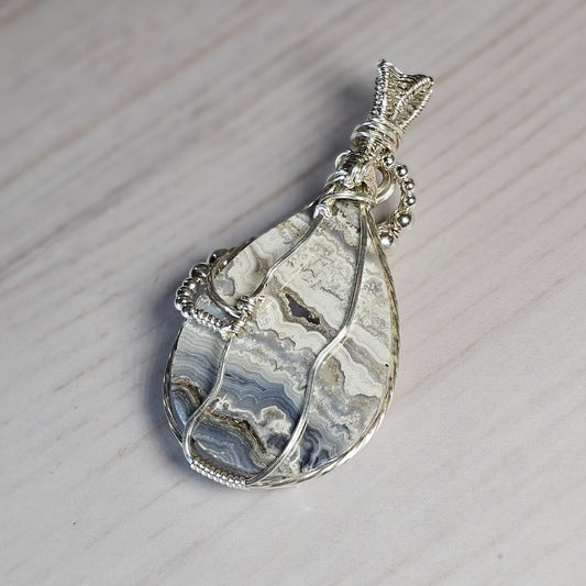 Black Lace Agate Sterling Silver Wire-Wrapped Pendant