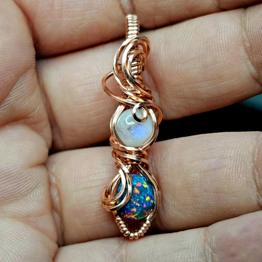 Natural Moonstone & Moonstone Lab Opal Copper Pendant