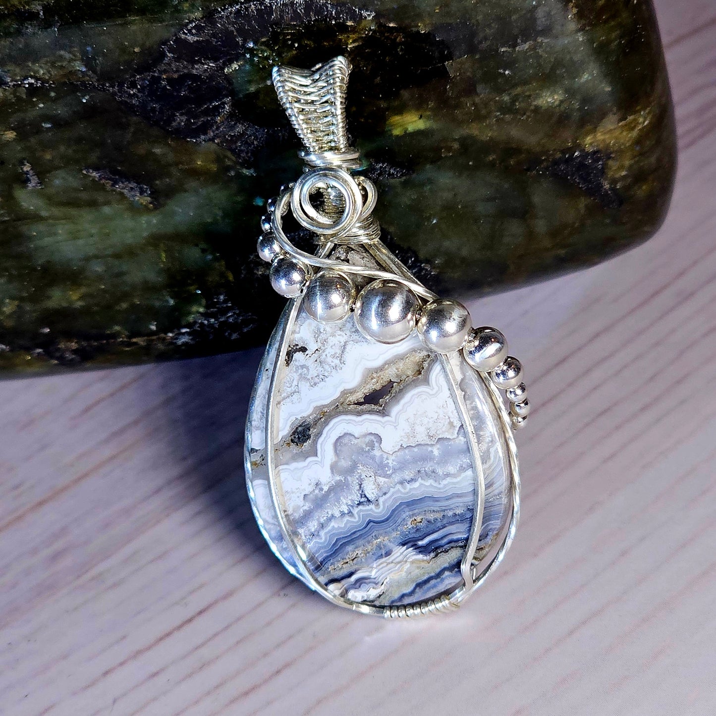Black Lace Agate Sterling Silver Wire-Wrapped Pendant