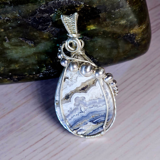 Black Lace Agate Sterling Silver Wire-Wrapped Pendant