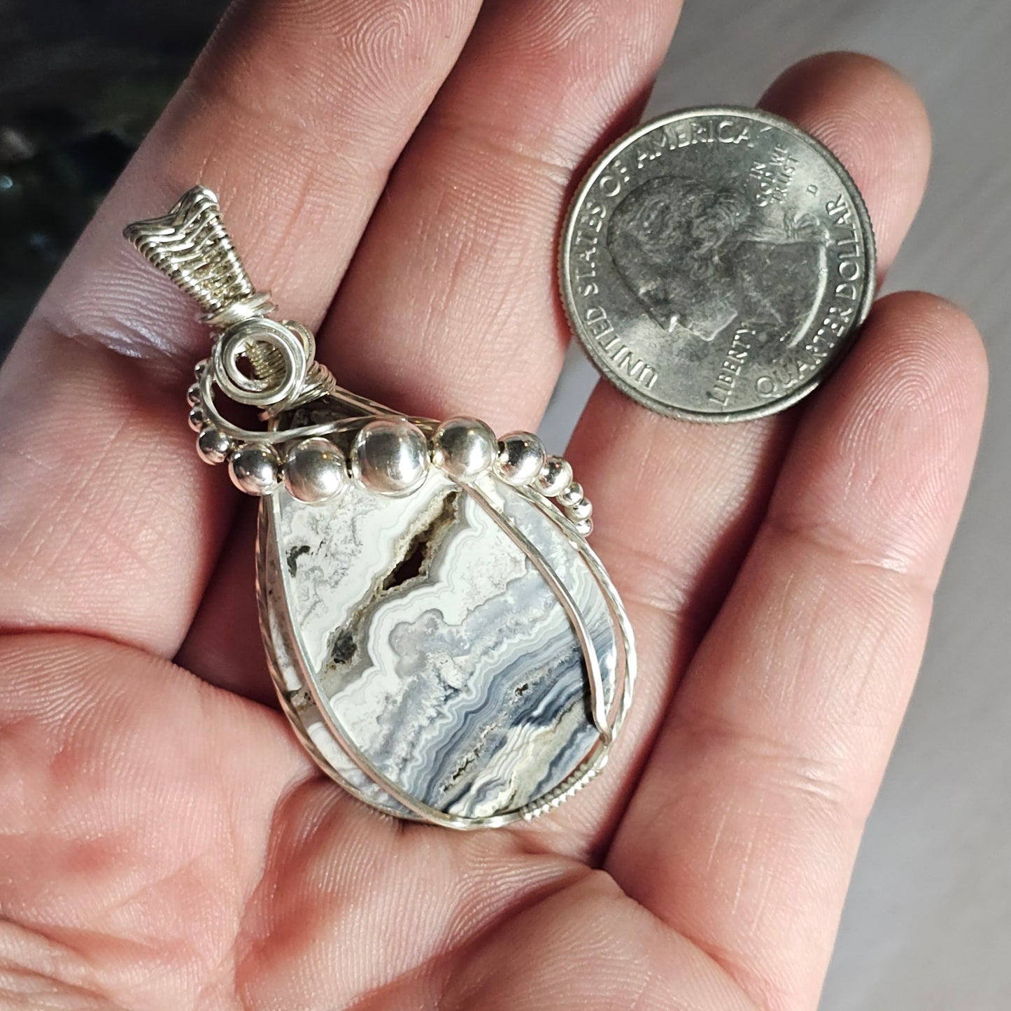 Black Lace Agate Sterling Silver Wire-Wrapped Pendant